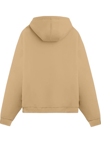 Unisex Sütlü Kahverengi Oversize Fit Pamuklu Kapüşonlu Sweatshirt