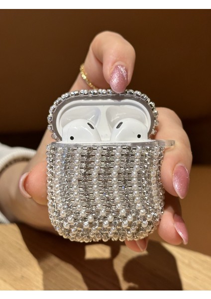 Airpods 1. Nesil ve 2. Nesil Uyumlu Gümüş Taşlı ve Incili Kılıf