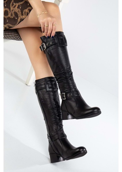 Kadın Deri Körüklü Ayarlanabilir Tokalı Çizme - Siyah fiyatları