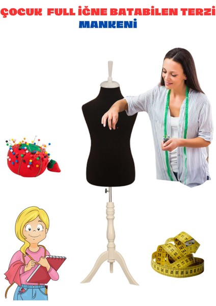 1 Yaş Iğne Batabilen Siyah Kumaş Çocuk Terzi Mankeni Prova Mankeni Vitrin Mankeni
