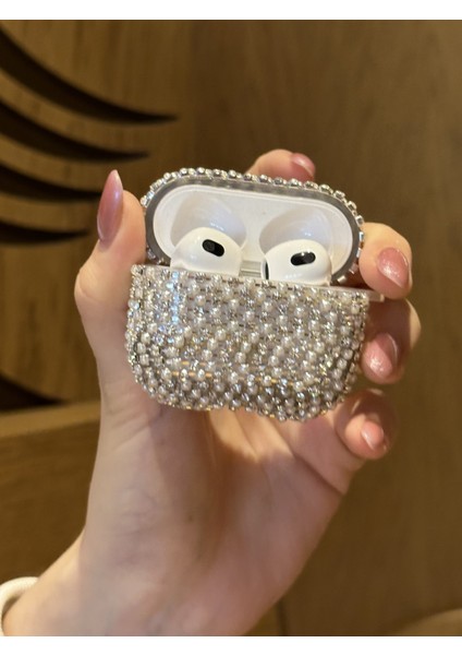 Airpods 3. Nesil Uyumlu Gümüş Taşlı ve Incili Kılıf
