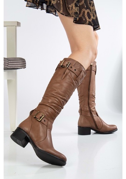 Kadın Deri Körüklü Ayarlanabilir Tokalı Çizme - Ceviz fiyatları