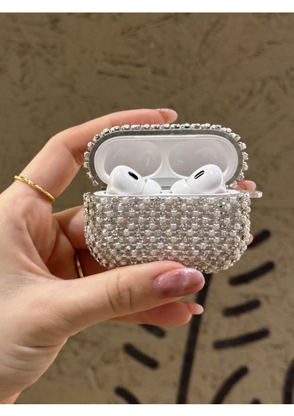 Airpods Pro 1. Nesil ve Pro 2. Nesil Uyumlu Gümüş Taşlı ve Incili Kılıf