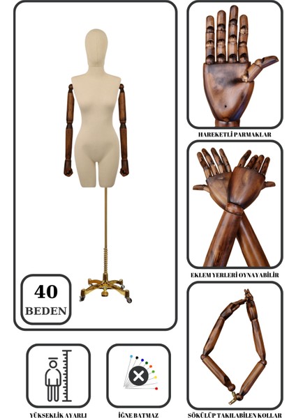 Lüks Gold Ayaklı Pantolon Giyebilen 40 Beden Ahşap Kollu Terzi Vitrin Mankeni