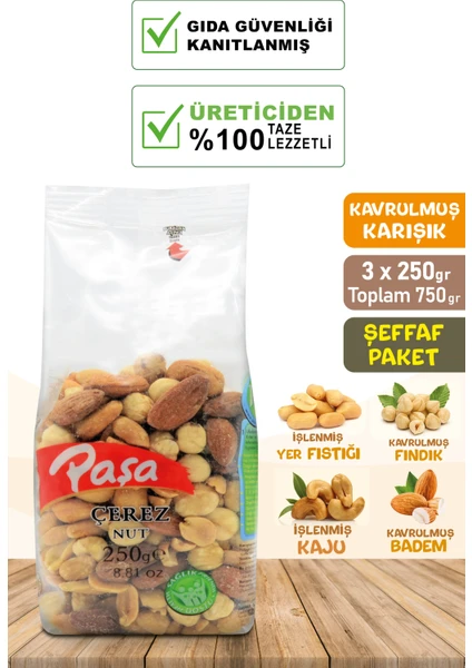 Paşa Kuruyemiş Kavrulmuş Karışık Kuruyemiş 250 gr x 3 Adet (Toplam 750 Gr)