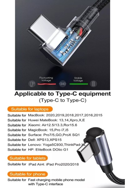 C13 A-90/b-90 Derece 5A/100W Type-C To Type-C Şarj Kablosu -3mt