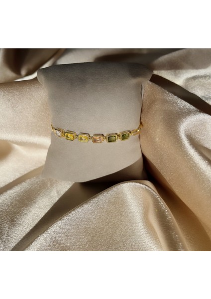 Renkli Zirkon Taşlı Gold Çelik Bileklik