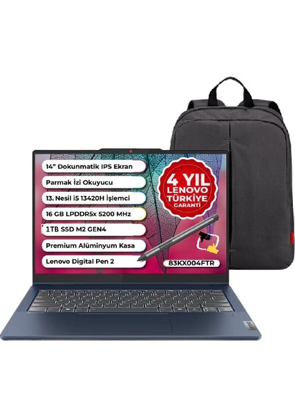 Ideapad Slim 5 Intel Core I5 13420H 16GB Lpddr5 1tb SSD Freedos 14" Wuxga IPS Dokunmatik Bilgisayar 83KX004FTR Snertech Çanta