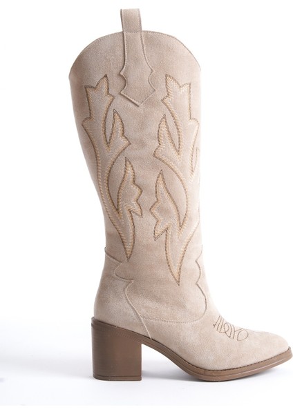 Cazal Ten Süet Kadın Topuklu Çizme Nakışlı Western 7 cm Topuk fırsatları