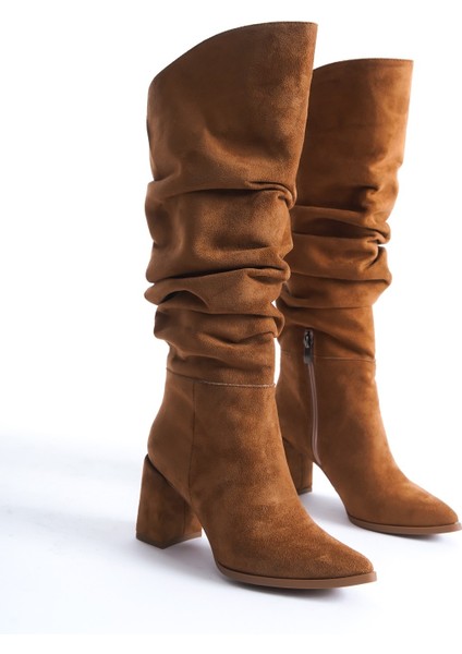 Kc Taba Süet Kalın Topuklu Kürüklü Kırışık Çizme fiyatları