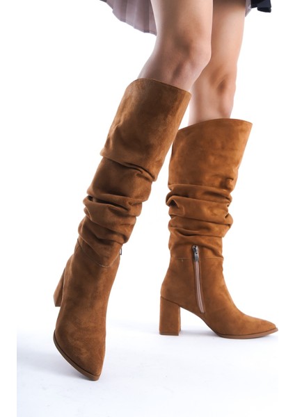 Kc Taba Süet Kalın Topuklu Kürüklü Kırışık Çizme modelleri