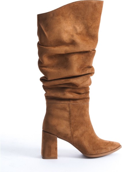 Kc Taba Süet Kalın Topuklu Kürüklü Kırışık Çizme fırsatları