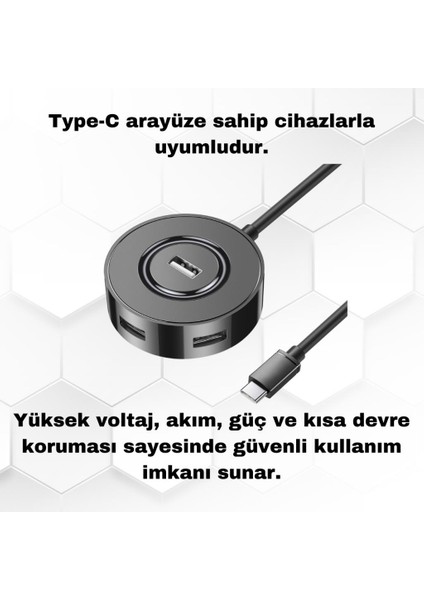 Jazos 4in1 Type C To 4x USB 3.0 Çoğaltıcı Okuyucu Hup Adaptör, Klavye, Mouse, Yazıcı, USB Okuyucu