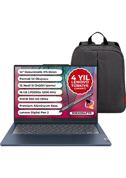 Ideapad Slim 5 Intel Core I5 13420H 16GB Lpddr5 512GB SSD Windows 11 Pro 14" Wuxga IPS Dokunmatik Bilgisayar 83KX004FTR Snertech Çanta