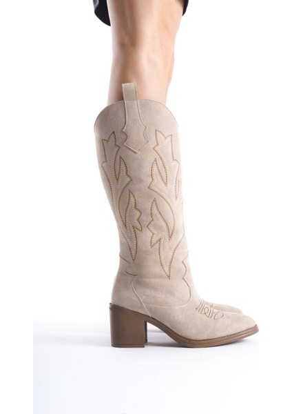 Cazal Ten Süet Topuklu Çizme Suni Deri 7 cm Topuklu Kadın Şık Tasarım modelleri