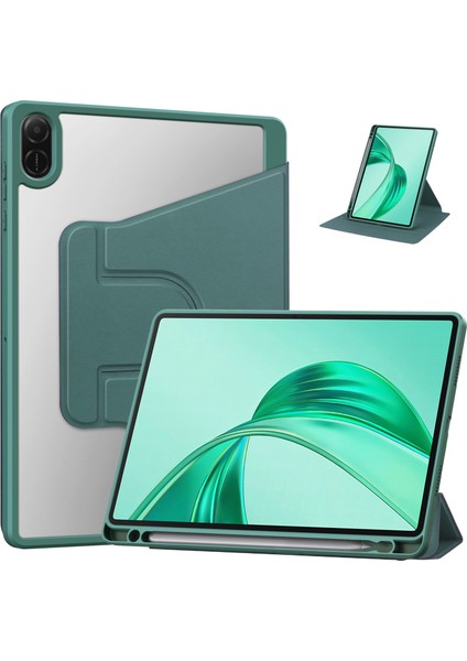 Honor Pad X8A Kılıfı 360&#176; Döner Stand Pu Deri+Akrilik Tablet Kılıfı (Klavyesiz)-Siyahımsı Yeşil (Yurt Dışından)