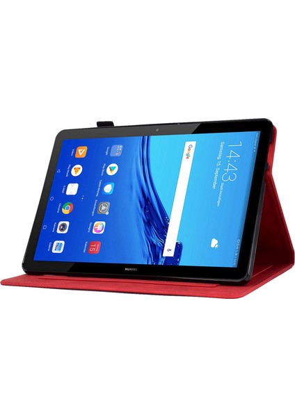 Huawei Mediapad T5 10.1 Desen Baskılı Akıllı Tablet Kılıfı Pu Deri Kart Yuvaları Folio Standı Kapak ile Kalem Tutucu-Kırmızı (Yurt Dışından)