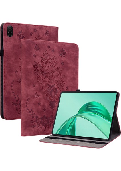 Honor Pad X8A Kılıf Kart Tutucu Çizilmez Deri Kapak Gül Çiçek Baskı-Kırmızı (Yurt Dışından)