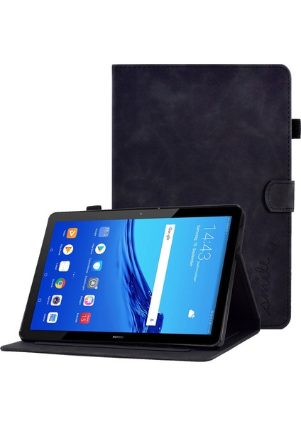 Huawei Mediapad T5 10.1 Desen Baskılı Akıllı Tablet Kılıfı Pu Deri Kart Yuvaları Folio Kalem Tutucu ile Kapak Standı-Siyah (Yurt Dışından)