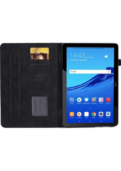 Huawei Mediapad T5 10.1 Desen Baskılı Akıllı Tablet Kılıfı Pu Deri Kart Yuvaları Folio Kalem Tutucu ile Kapak Standı-Siyah (Yurt Dışından)