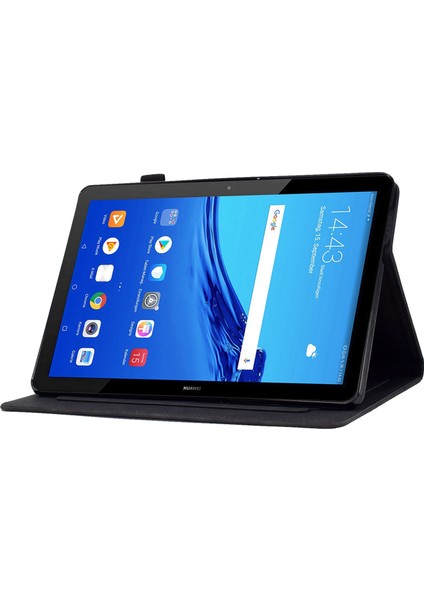 Huawei Mediapad T5 10.1 Desen Baskılı Akıllı Tablet Kılıfı Pu Deri Kart Yuvaları Folio Kalem Tutucu ile Kapak Standı-Siyah (Yurt Dışından)