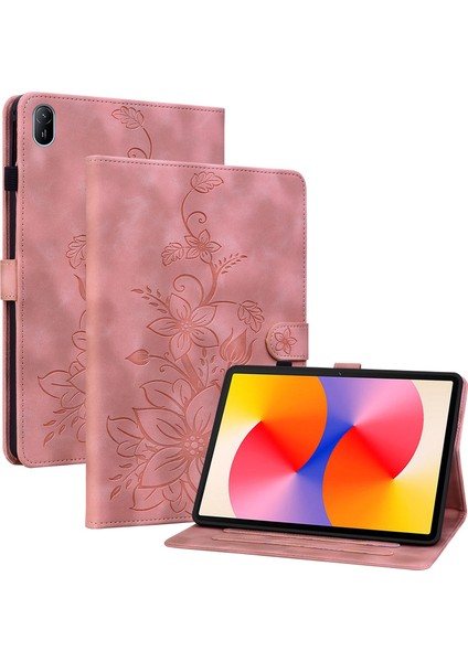 Huawei Matepad Se 11 Kılıf Zambak Çiçeği Baskılı Deri Tablet Kılıfı Kart Yuvalı-Pembe (Yurt Dışından)