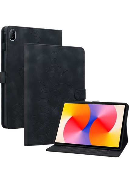 Huawei Matepad Se 11 Kılıf Zambak Çiçeği Baskılı Deri Tablet Kılıfı Kart Yuvalı-Siyah (Yurt Dışından)