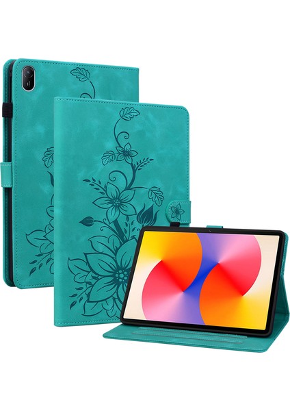 Huawei Matepad Se 11 Kılıf Zambak Çiçeği Baskılı Deri Tablet Kılıfı Kart Yuvalı-Yeşil (Yurt Dışından)