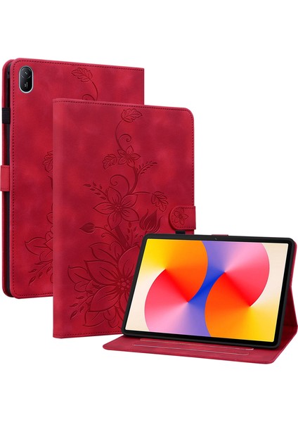 Huawei Matepad Se 11 Kılıf Zambak Çiçeği Baskılı Deri Tablet Kılıfı Kart Yuvalı-Kırmızı (Yurt Dışından)