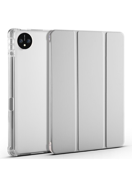 Huawei Matepad Pro 11(2024)ÜÇ Katlı Standlı Deri Kılıf Kalem Yuvalı Şeffaf Arka Kapak-Gri (Yurt Dışından)