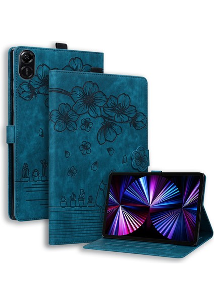 Honor Pad X8A Kılıf Çevirme Standı Deri Tablet Kapak Kiraz Çiçeği Kedi Baskılı-Mavi (Yurt Dışından)
