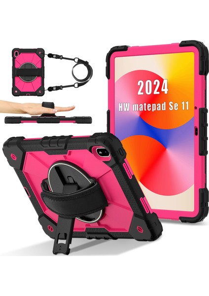 Huawei Matepad Se 11 Kılıf Kickstand Silikon + Pc Tablet Kılıfı, Omuz Askılı-Siyah/gül (Yurt Dışından)