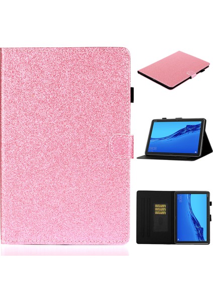 Huawei Mediapad M5 Lite 10-Pembe Için Kart Yuvalı Simli Toz Parlak Deri Akıllı Kılıf (Yurt Dışından)