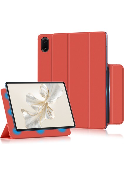 Honor Pad 9 Pro Tablet Kılıfı Için Manyetik Üç Katlı Stand Pu Deri + Tpu Kapak-Kırmızı (Yurt Dışından)