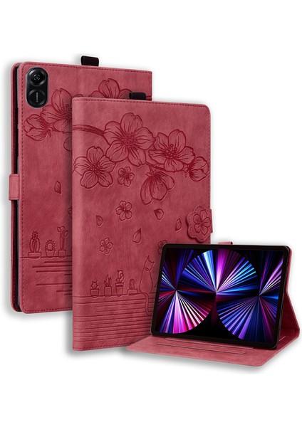 Honor Pad X8A Kılıf Kapak Standı Deri Tablet Kapak Kiraz Çiçeği Kedi Baskılı-Kırmızı (Yurt Dışından)