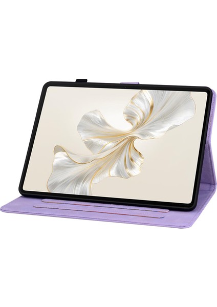Honor Pad 9 Için Kart Yuvalı Kılıf Zambak Çiçeği Baskı Deri Standlı Tablet Kapağı-Mor (Yurt Dışından)