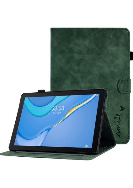 Huawei Mediapad T3 10 Desen Baskılı Tablet Kılıfı Pu Deri Folyo Standı Kalem Tutucu ve Kart Yuvaları ile Akıllı Kapak Kabuk-Yeşil (Yurt Dışından)