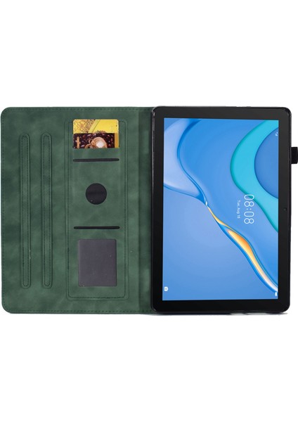 Huawei Mediapad T3 10 Desen Baskılı Tablet Kılıfı Pu Deri Folyo Standı Kalem Tutucu ve Kart Yuvaları ile Akıllı Kapak Kabuk-Yeşil (Yurt Dışından)