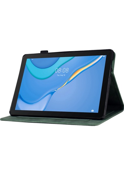 Huawei Mediapad T3 10 Desen Baskılı Tablet Kılıfı Pu Deri Folyo Standı Kalem Tutucu ve Kart Yuvaları ile Akıllı Kapak Kabuk-Yeşil (Yurt Dışından)