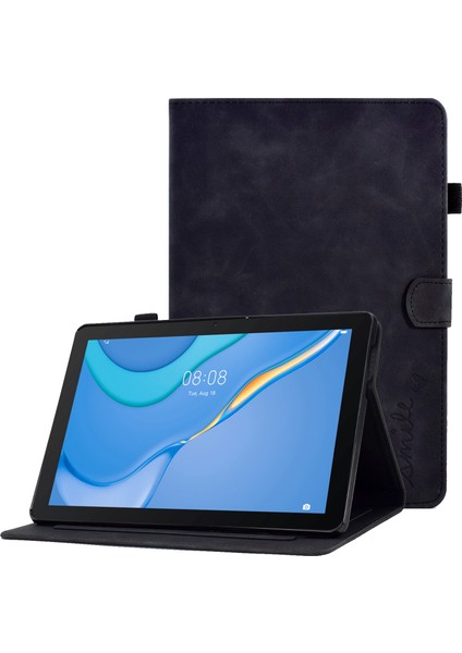 Huawei Mediapad T3 10 Desen Baskılı Tablet Kılıfı Pu Deri Folyo Standı Kalem Tutucu ve Kart Yuvaları ile Akıllı Kapak Kabuk-Siyah (Yurt Dışından)