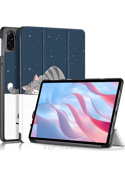 Pu Deri Tablet Kılıfı Onur Pad X9/pad X8 Pro, Desen Baskı Üç Katlı Stand Folio Koruyucu Kapak-Kedi (Yurt Dışından)