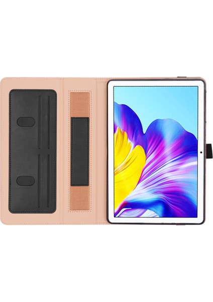 Honor Pad X8 Için Iş Retro Doku Tablet Kılıfı Pu Deri Kart Tutucu El Kayışı ve Elastik Bant ile Kapak Standı-Siyah (Yurt Dışından)