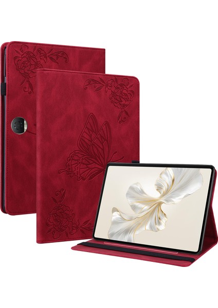 Honor Pad 9 Kılıf Için Çiçek Deri Flip Kart Yuvaları Tablet Kapağı-Kırmızı (Yurt Dışından)