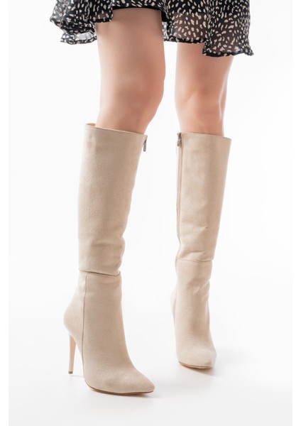 Bej Süet Fermuarlı Lastikli Ince Yüksek Topuklu Kadın Çizme fiyatları