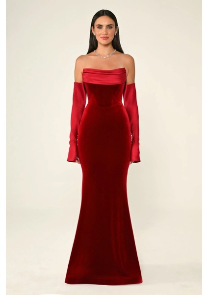 Kadife Balık Kesim Saten Kol ve Yaka Detay Şık Abiye Elbise