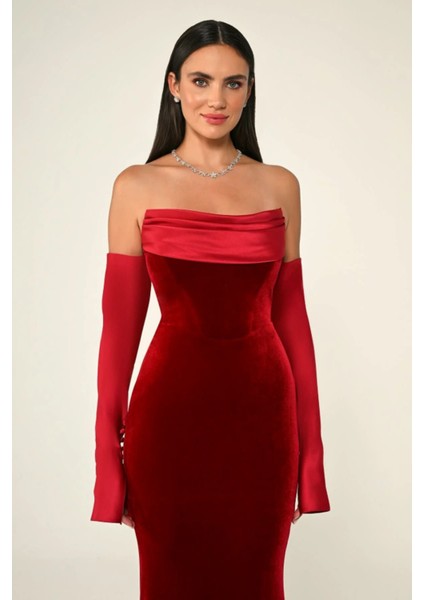 Kadife Balık Kesim Saten Kol ve Yaka Detay Şık Abiye Elbise modelleri