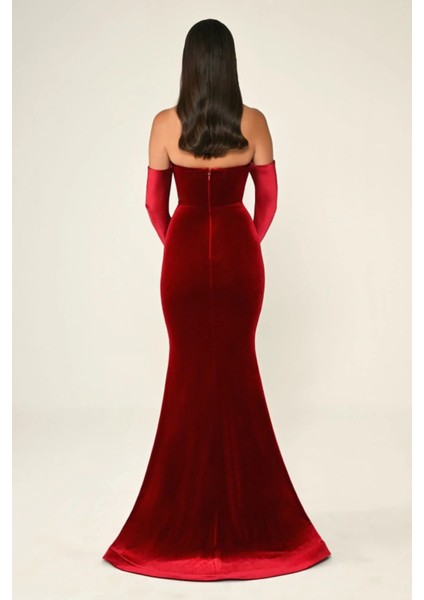 Kadife Balık Kesim Saten Kol ve Yaka Detay Şık Abiye Elbise indirimleri