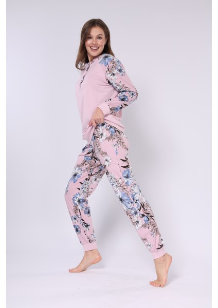Çiçek Desenli - Düğmeli Patlı Yaka - Uzun Kollu - Kadın Pijama Takım