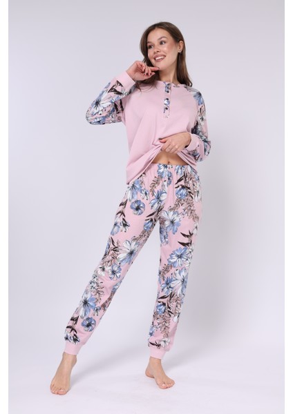 Çiçek Desenli - Düğmeli Patlı Yaka - Uzun Kollu - Kadın Pijama Takım indirimleri
