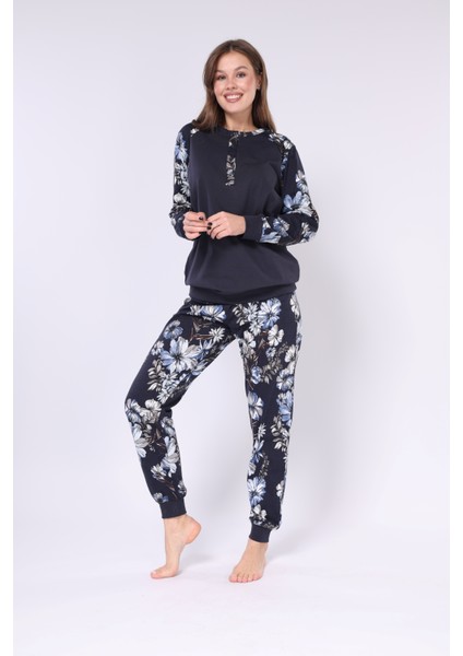 Çiçek Desenli - Düğmeli Patlı Yaka - Uzun Kollu - Kadın Pijama Takım